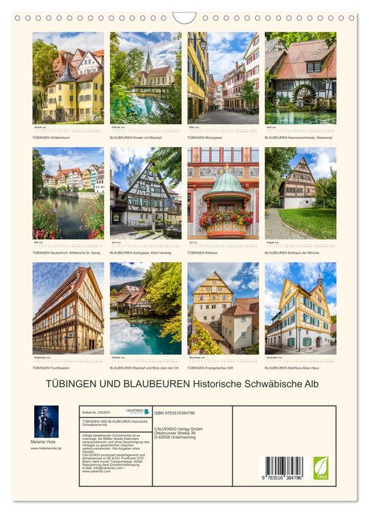 Produktbild: T&Uuml;BINGEN UND BLAUBEUREN Historische Schw&auml;bische Alb (Wandkalender 2026 DIN A3 hoch), CALVENDO Monatskalender