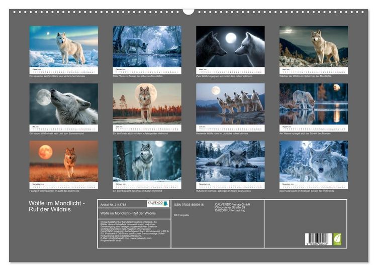 Produktbild: W&ouml;lfe im Mondlicht - Ruf der Wildnis (Wandkalender 2026 DIN A2 quer), CALVENDO Monatskalender
