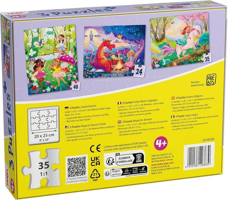 Produktbild: HABA 2013401001 - Puzzles Zaubertr&auml;ume, mit Glitzer-Effekt, Motiv: Einhorn/Fee/Prinzessin, 24/35/48 Teile