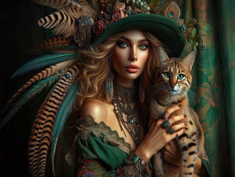 Produktbild: CALVENDO Puzzle Geheimnisvolle Frau mit gr&uuml;nem Hut tr&auml;gt eine Bengal Katze auf dem Arm | 1000 Teile Lege-Gr&ouml;&szlig;e 64x48cm Foto-Puzzle f&uuml;r gl&uuml;ckliche Stun