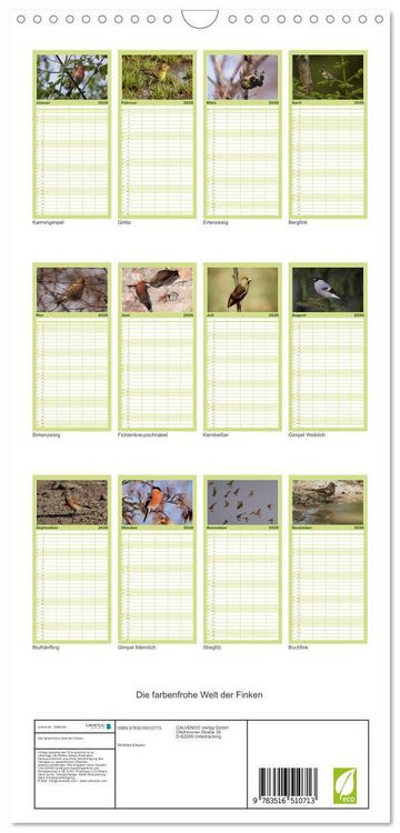 Produktbild: Familienplaner 2026 - Die farbenfrohe Welt der Finken mit 5 Spalten (Wandkalender, 21 x 45 cm) CALVENDO