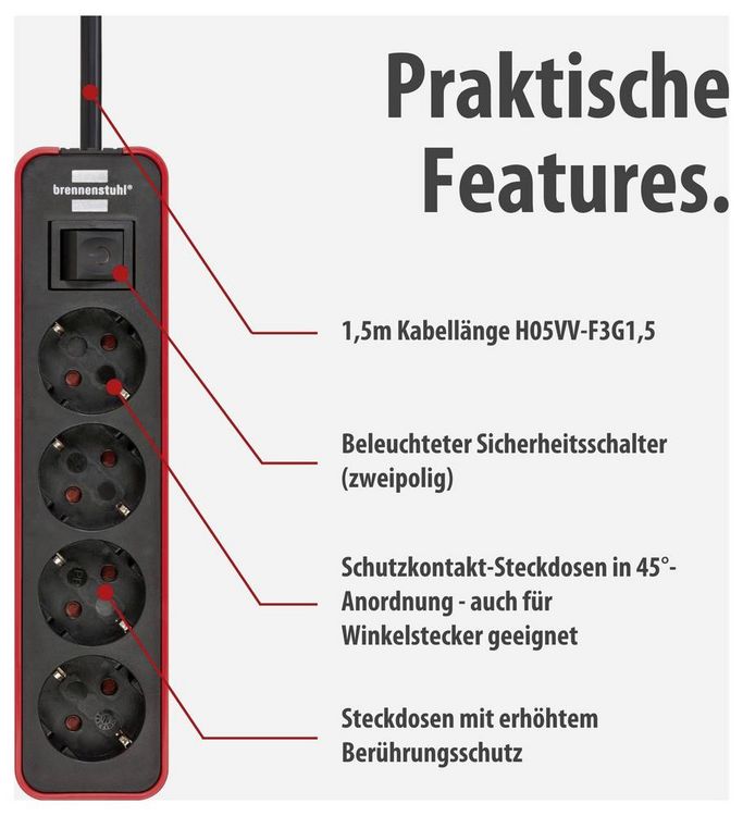 Produktbild: Brennenstuhl 1153240070 Steckdosenleiste mit Schalter 4fach Rot, Schwarz Schutzkontakt 1St.