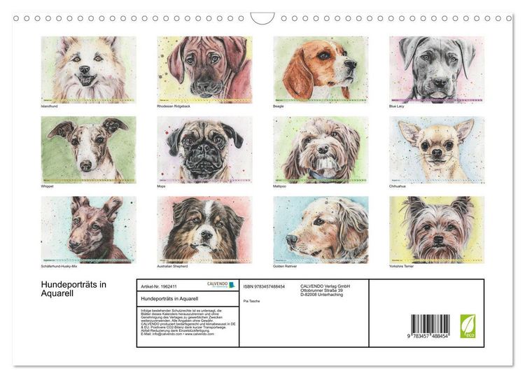 Produktbild: Hundeportr&auml;ts in Aquarell (Wandkalender 2026 DIN A3 quer), CALVENDO Monatskalender