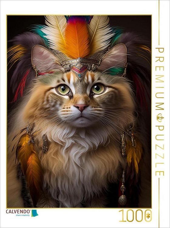 Produktbild: CALVENDO Puzzle Majest&auml;tische Herrscher Katze mit prachtvollen farbigen Inka Kopfschmuck | 1000 Teile Lege-Gr&ouml;&szlig;e 64x48cm Foto-Puzzle f&uuml;r gl&uuml;ckliche St