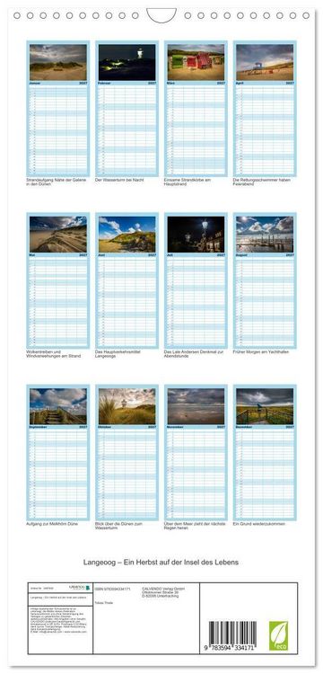 Produktbild: Familienplaner 2027 - Langeoog &ndash; Ein Herbst auf der Insel des Lebens mit 5 Spalten (Wandkalender, 21 x 45 cm) CALVENDO