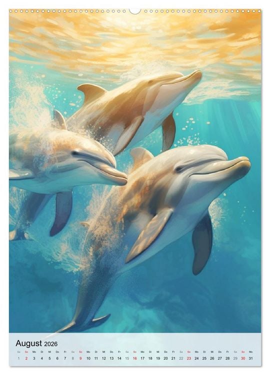 Produktbild: Zauberhafte Delfine. Aquarelle von Spiel und Spa&szlig; in den Wellen (hochwertiger Premium Wandkalender 2026 DIN A2 hoch), Kunstdruck in Hochglanz