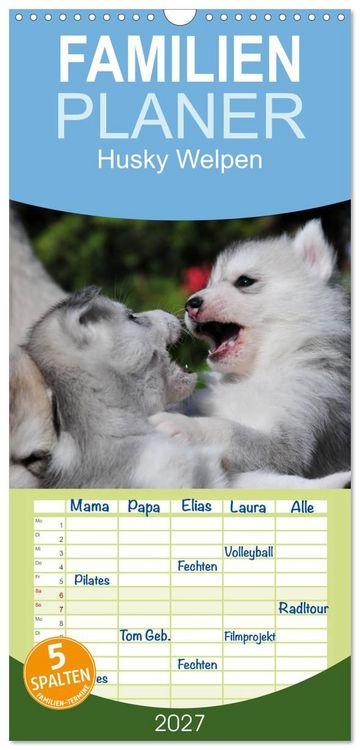Produktbild: Familienplaner 2027 - Husky Welpen mit 5 Spalten (Wandkalender, 21 x 45 cm) CALVENDO