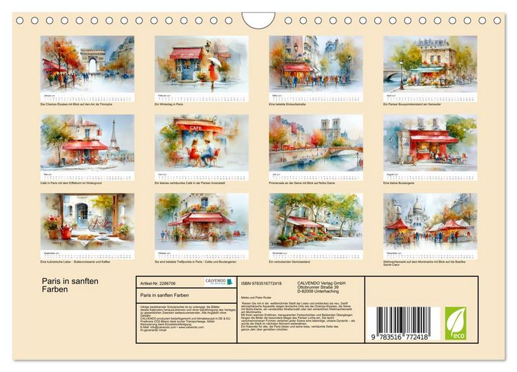 Produktbild: Paris in sanften Farben (Wandkalender 2027 DIN A4 quer), CALVENDO Monatskalender