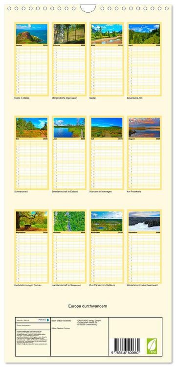 Produktbild: Familienplaner 2026 - Europa durchwandern mit 5 Spalten (Wandkalender, 21 x 45 cm) CALVENDO