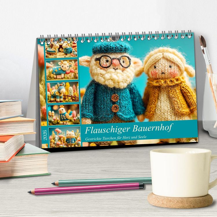 Produktbild: Flauschiger Bauernhof. Gestrickte Tierchen f&uuml;r Herz und Seele (Tischkalender 2026 DIN A5 quer), CALVENDO Monatskalender