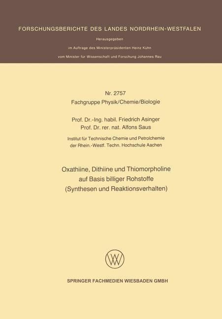 Produktbild: Oxathiine, Dithiine und Thiomorpholine auf Basis billiger Rohstoffe (Synthesen und Reaktionsverhalten)