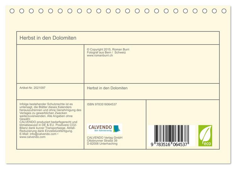 Produktbild: Herbst in den Dolomiten (Tischkalender 2026 DIN A5 quer), CALVENDO Monatskalender