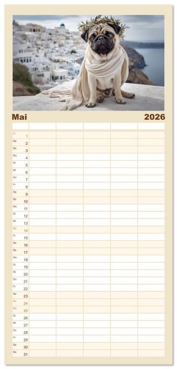 Produktbild: Familienplaner 2026 - Eine Mopsige Weltreise mit 5 Spalten (Wandkalender, 21 x 45 cm) CALVENDO