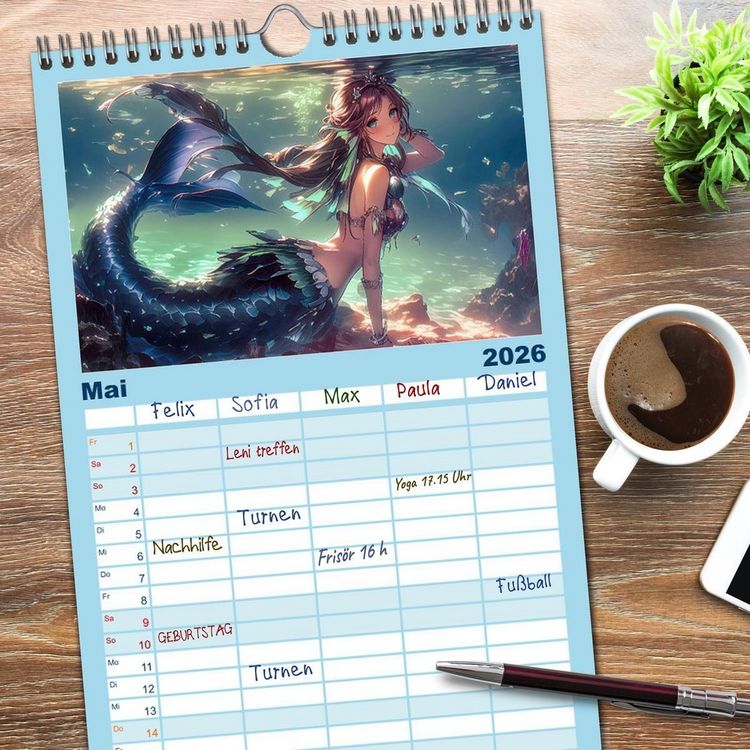 Produktbild: Familienplaner 2026 - Meerjungfrauen - geheimnisvolle Sch&ouml;nheiten des Meeres mit 5 Spalten (Wandkalender, 21 x 45 cm) CALVENDO