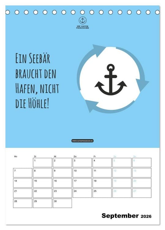 Produktbild: hafenprinzessin: Ankertr&auml;ume & Meer - Der moderne Zitate-Wandkalender f&uuml;r maritime Lebensmomente! (Tischkalender 2026 DIN A5 hoch), CALVENDO Monatskalender
