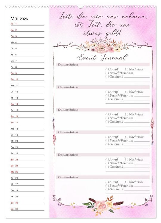 Produktbild: Geburtstagsplaner Boho Rosa - F&uuml;r Termine, Geschenke, Eventdetails & mehr (Wandkalender 2026 DIN A2 hoch), CALVENDO Monatskalender