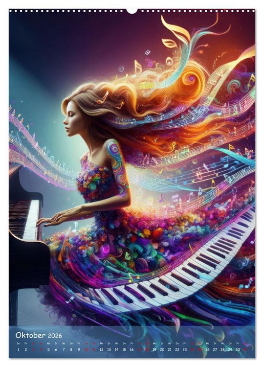 Produktbild: Musikalische Magie &ndash; Frauen in klangvollen Kleidern aus Noten und Farbe (hochwertiger Premium Wandkalender 2026 DIN A2 hoch), Kunstdruck in Hochglanz