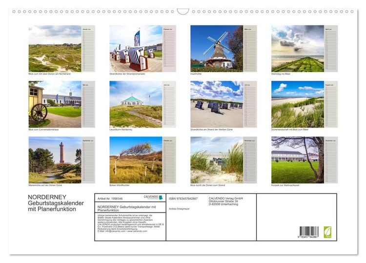Produktbild: NORDERNEY Geburtstagskalender mit Planerfunktion (Wandkalender 2026 DIN A2 quer), CALVENDO Monatskalender