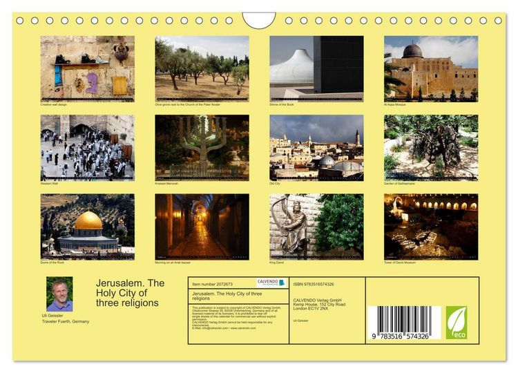 Produktbild: Jerusalem. The Holy City of three religions (Wall Calendar 2026 DIN A4 landscape), CALVENDO 12 Month Wall Calendar