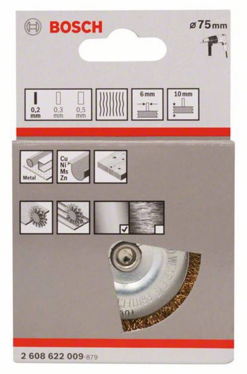 Produktbild: Bosch Accessories Scheibenb&uuml;rste, gewellt, vermessingt, 75 mm, 0,2 mm, 10 mm, 4500 U/ min 2608622009 1 St.