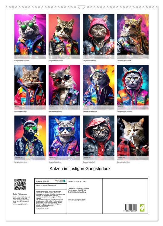Produktbild: Katzen im lustigen Gangsterlook (Wandkalender 2026 DIN A2 hoch), CALVENDO Monatskalender