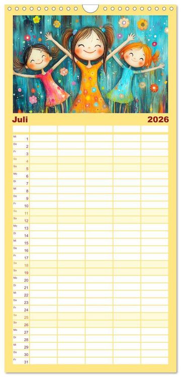 Produktbild: Familienplaner 2026 - Fr&ouml;hliche Kinder. Bezaubernde Schulm&auml;dchen im &Ouml;lbilder-Stil mit 5 Spalten (Wandkalender, 21 x 45 cm) CALVENDO