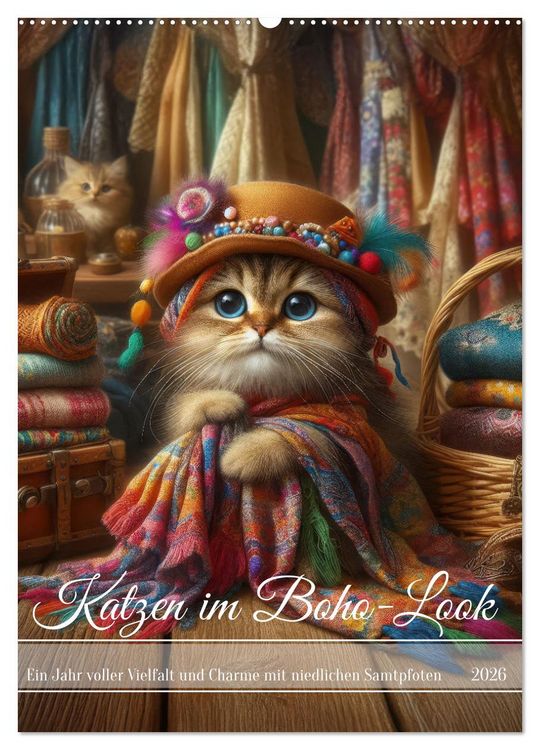 Produktbild: Katzen im Boho-Look - Ein Jahr voller Vielfalt und Charme mit niedlichen Samtpfoten (Wandkalender 2026 DIN A2 hoch), CALVENDO Monatskalender