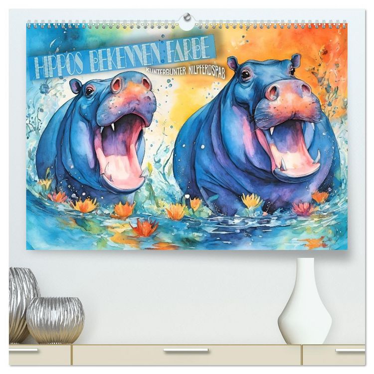 Produktbild: Hippos bekennen Farbe - kunterbunter Nilpferdspa&szlig; (hochwertiger Premium Wandkalender 2026 DIN A2 quer), Kunstdruck in Hochglanz