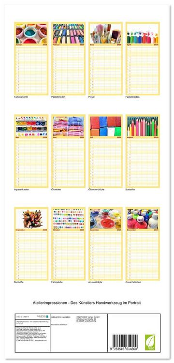 Produktbild: Familienplaner 2026 - Atelierimpressionen - Des K&uuml;nstlers Handwerkzeug im Portrait mit 5 Spalten (Wandkalender, 21 x 45 cm) CALVENDO