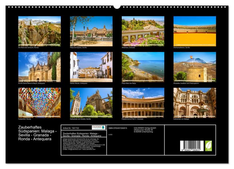 Produktbild: Zauberhaftes S&uuml;dspanien: Malaga - Sevilla - Granada - Ronda - Antequera (hochwertiger Premium Wandkalender 2026 DIN A2 quer), Kunstdruck in Hochglanz