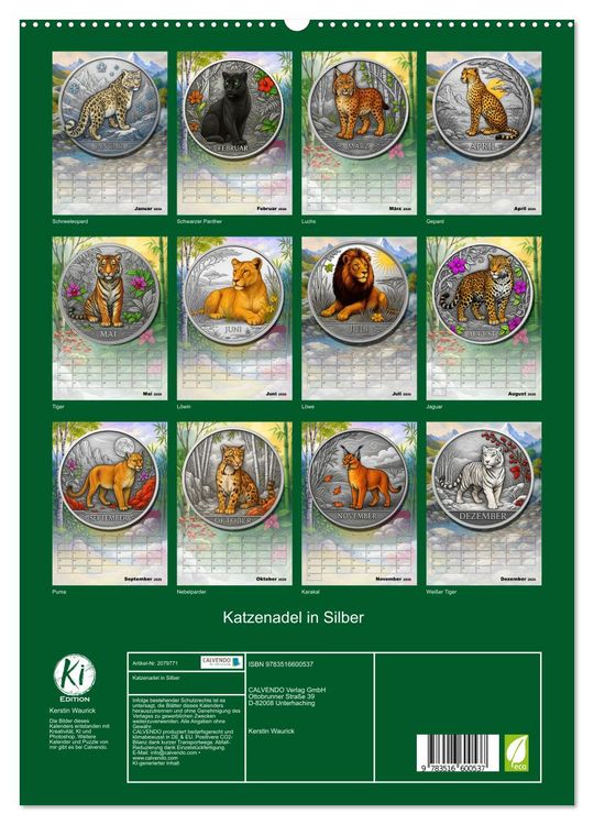 Produktbild: Katzenadel in Silber (hochwertiger Premium Wandkalender 2026 DIN A2 hoch), Kunstdruck in Hochglanz