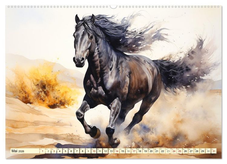 Produktbild: Pferde. Romantische Aquarelle von schwarzen Sch&ouml;nheiten (hochwertiger Premium Wandkalender 2026 DIN A2 quer), Kunstdruck in Hochglanz