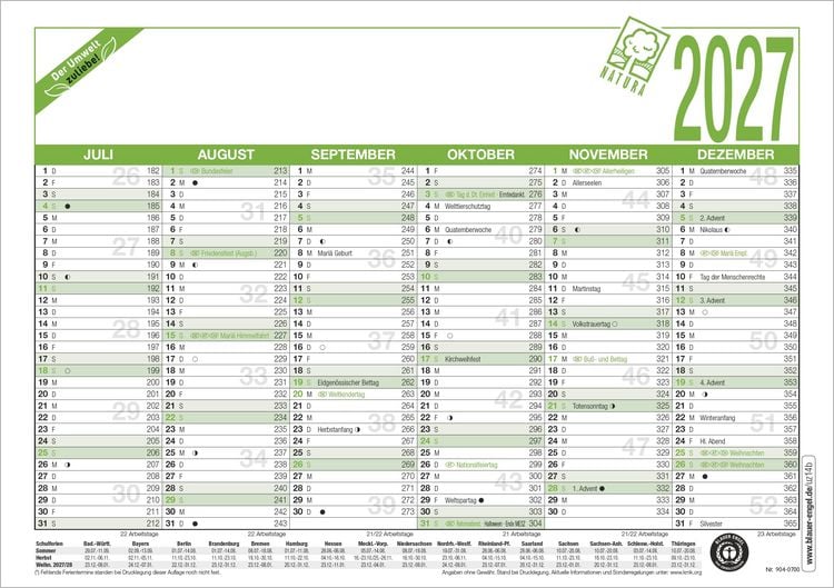 Produktbild: Arbeitstagekalender A5 Blauer Engel 2027