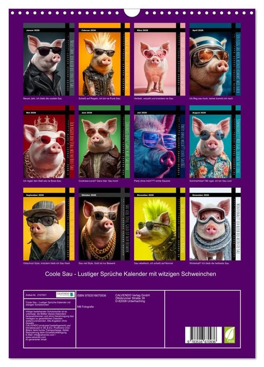 Produktbild: Coole Sau - Lustiger Spr&uuml;che Kalender mit witzigen Schweinchen (Wandkalender 2026 DIN A3 hoch), CALVENDO Monatskalender