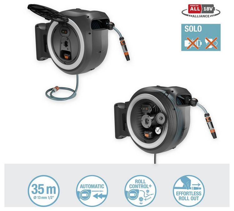 Produktbild: GARDENA 18647-55 Power Roll XXL Akku-Wand-Schlauchbox 40m 1 St. Grau-Wei&szlig;