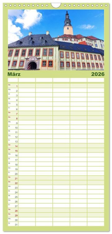 Produktbild: Familienplaner 2026 - Moritzburg, Weesenstein, Muskau - Drei sch&ouml;ne s&auml;chsische Schl&ouml;sser mit 5 Spalten (Wandkalender, 21 x 45 cm) CALVENDO