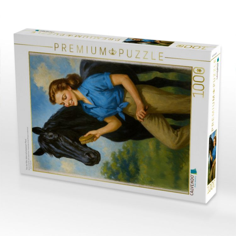 Produktbild: CALVENDO Puzzle Frau der 50er Jahre mit schwarzem Pferd | 1000 Teile Lege-Gr&ouml;&szlig;e 64x48cm Foto-Puzzle f&uuml;r gl&uuml;ckliche Stunden