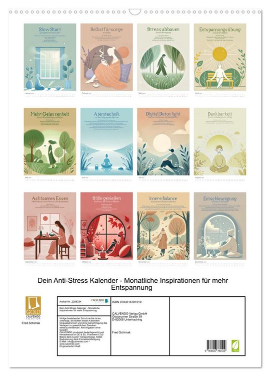 Produktbild: Dein Anti-Stress Kalender - Monatliche Inspirationen f&uuml;r mehr Entspannung (Wandkalender 2027 DIN A2 hoch), CALVENDO Monatskalender