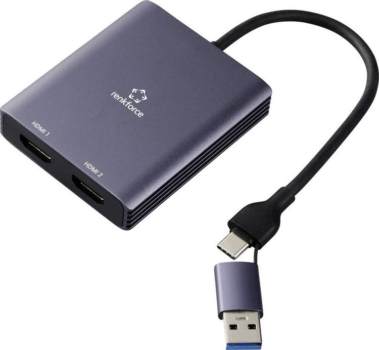 Produktbild: Renkforce RF-6418198 USB-C&reg; / HDMI Adapter [1x USB-A, USB-C&reg; - 2x HDMI&reg;] Grau 4K UHD 15cm