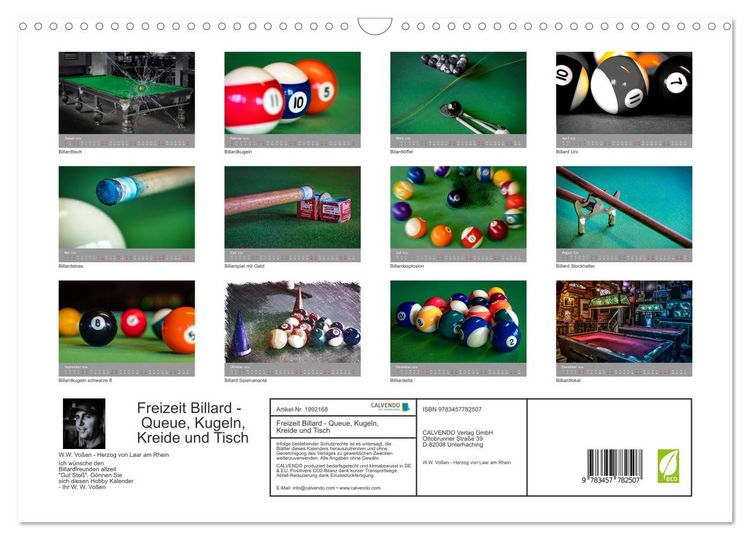 Produktbild: Freizeit Billard - Queue, Kugeln, Kreide und Tisch (Wandkalender 2026 DIN A3 quer), CALVENDO Monatskalender
