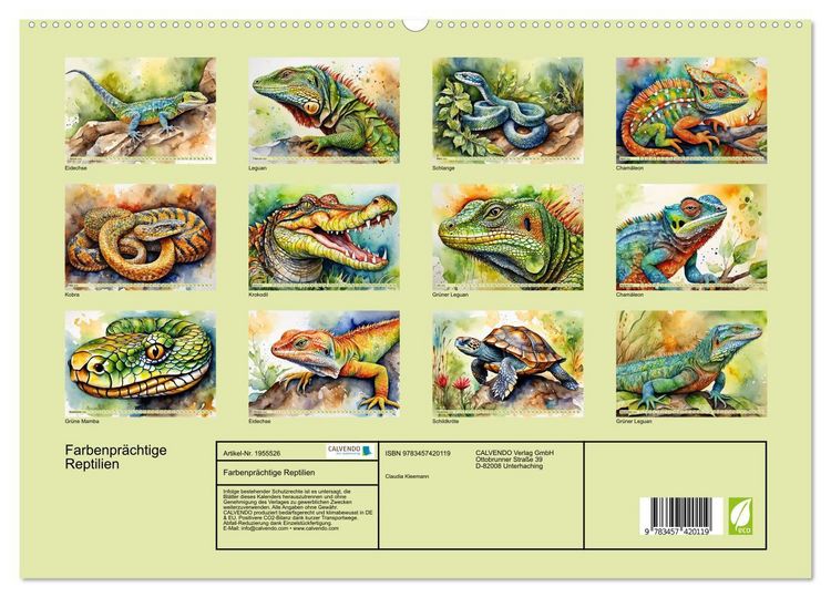 Produktbild: Farbenpr&auml;chtige Reptilien (hochwertiger Premium Wandkalender 2026 DIN A2 quer), Kunstdruck in Hochglanz