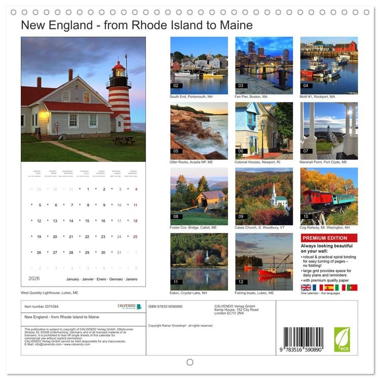 Produktbild: New England - from Rhode Island to Maine (Wall Calendar 2026 12 &times; 12 Inch) CALVENDO 12 Month Wall Calendar