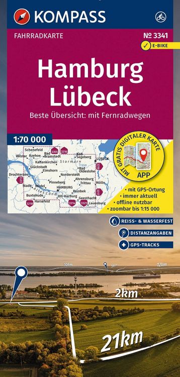 Produktbild: KOMPASS Fahrradkarte 3341 Hamburg, L&uuml;beck 1:70.000