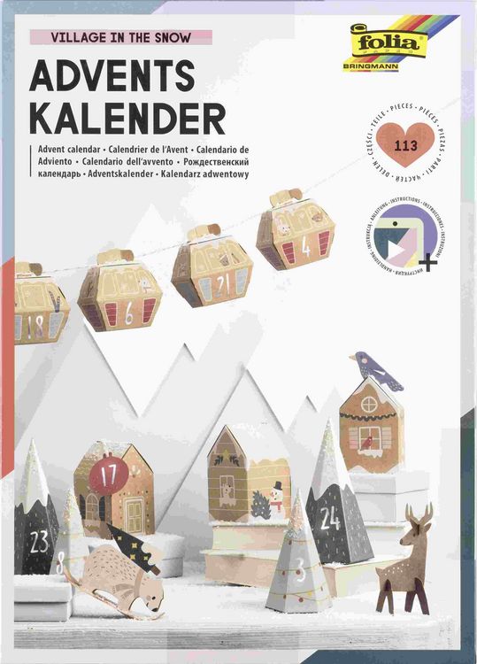 Produktbild: Folia  Adventskalender Bastelset VILLAGE IN THE SNOW, aus 24 Faltschachteln, Anh&auml;nger, Kordel & Sticker