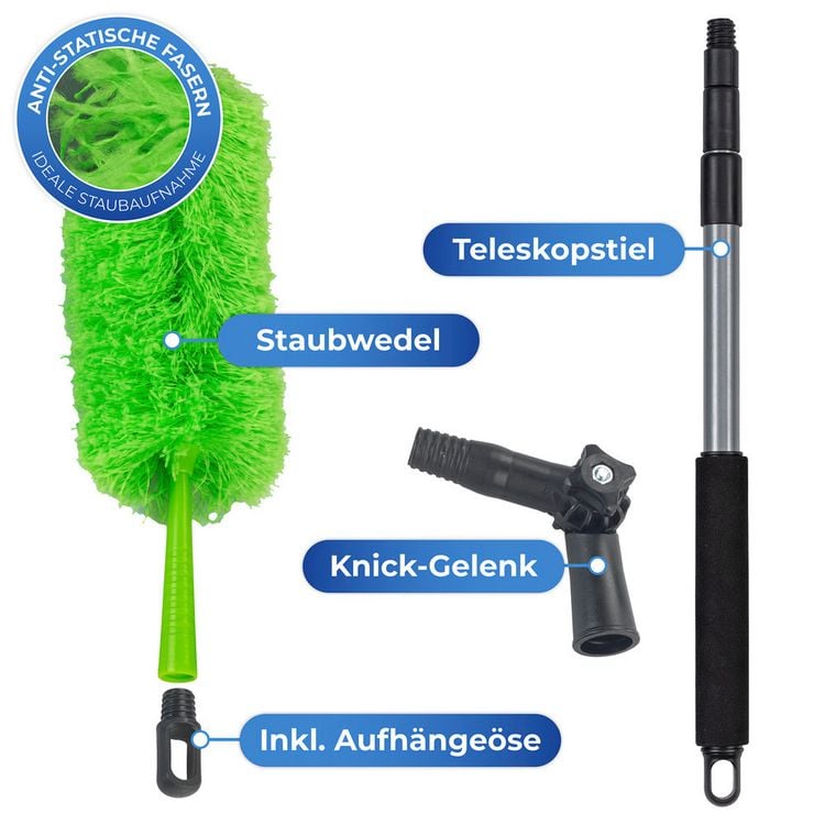 Produktbild: Mikrofaser-Staubwedel mit Teleskopstiel und Knickgelenk, antistatische Fasern