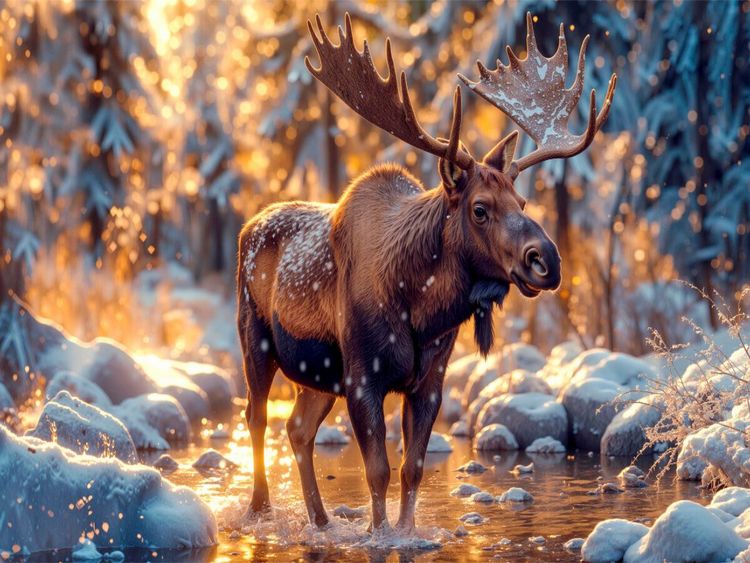 Produktbild: CALVENDO Puzzle Ein Elch an einem Wintertag - in seiner Lieblingsumgebung: Wald, Wasser und Str&auml;ucher | 1000 Teile Lege-Gr&ouml;&szlig;e 64x48cm Foto-Puzzle f&uuml;r