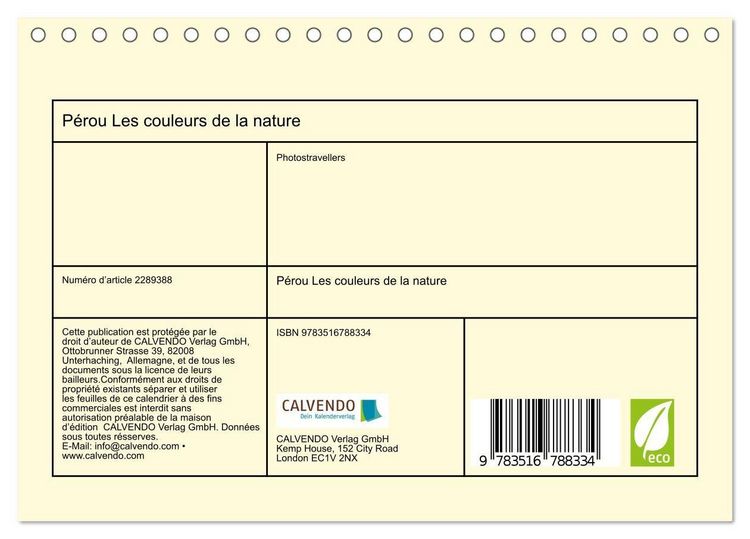 Produktbild: P&eacute;rou Les couleurs de la nature (Calendrier de bureau 2027 DIN A5 vertical), CALVENDO calendrier mensuel