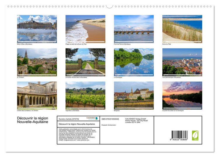 Produktbild: D&eacute;couvrir la r&eacute;gion Nouvelle-Aquitaine (Calendrier mural 2026 DIN A2 vertical) calendrier de bureau