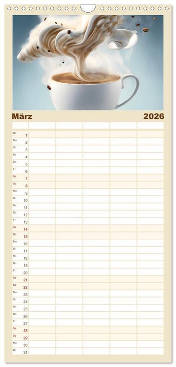 Produktbild: Familienplaner 2026 - Kaffe mal anders geniessen mit 5 Spalten (Wandkalender, 21 x 45 cm) CALVENDO