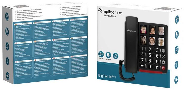 Produktbild: Amplicomms BigTel 40 Schnurgebundenes Seniorentelefon Foto-Tasten, f&uuml;r H&ouml;rger&auml;te kompatibel, Wahlwiederholung LED-Display Schwarz